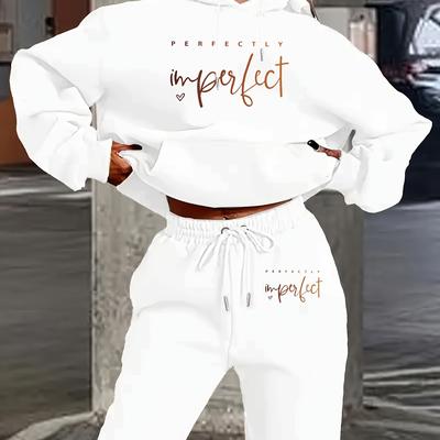"TEMU 1 Set Women's Casual Polyester Two-piece Loungewear, Fall/winter Knit Fabric Hoodie With Pocket & Drawstring Pants, Letter Print "perfectly " Design" Image