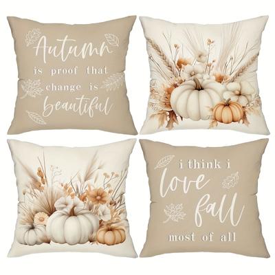TEMU 4-pack Linen Blend Throw Pillow Covers 18x18 Inch, Country-rustic Hand Washable Zipper Closure Decorative Cushion Covers For Room Types - Autumn Pumpkin Harvest & Quotes Design Image