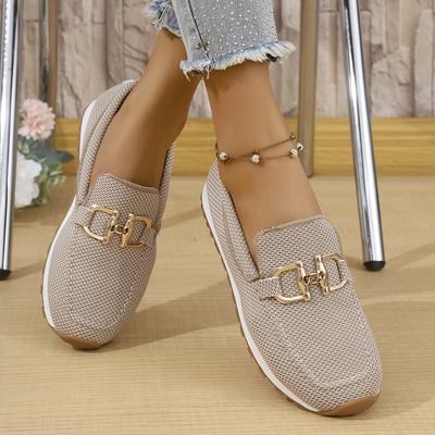 TEMU Women's Casual Loafers - Beige Fabric Slip-on Shoes With Golden , Lightweight Rubber Sole, , Casual Footwear | Round Toe Loafers | Comfortable Footwear Image