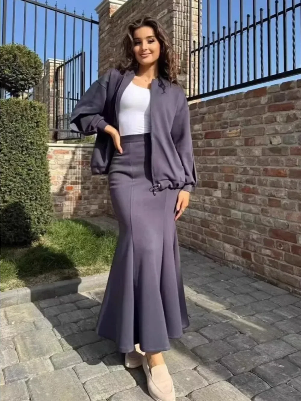 Frauen 2-teiliges Set Mantel Langer Rock Anzug Reißverschlussjacke Marokko Dubai Islam Casual Ensemble Muslim Femme 2025 Röcke Outfits Image