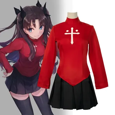 Tohsaka Rin Cosplay Kostüm Anime Spiel Fatestay Nacht Rot Schwarz Rock Set für Frauen Karneval Anzug Image