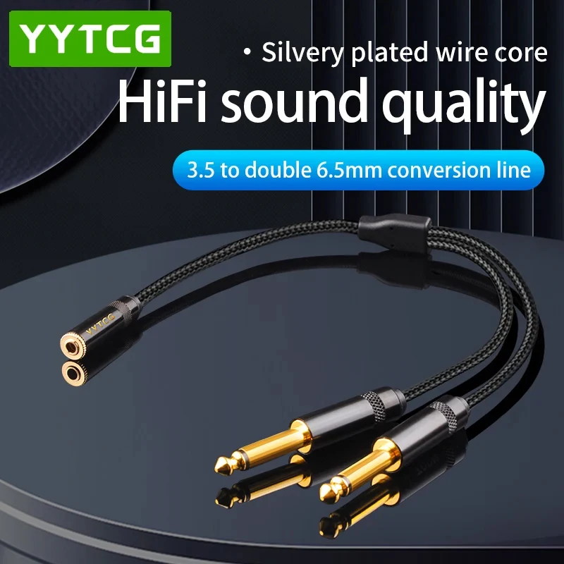 YYTCG 3,5 mm auf 6,5 mm Audio-Splitter-Kabel, 3,5 mm Buchse auf Dual 6,35 mm Stecker, Mikrofon-Audio-Y-Splitter-Kabel, Headset auf PC-Adapter Image