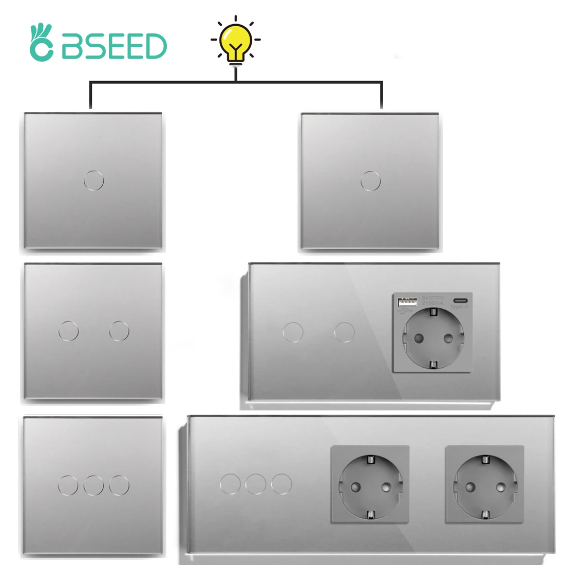 Bseed Wand-Touch-Lichtschalter, 1/2/3 Gang, 2-Wege-Lichtschalter mit EU-Buchse, USB Typ C, Glasscheibe, blaue Hintergrundbeleuchtung, 240 V, für Treppen Image