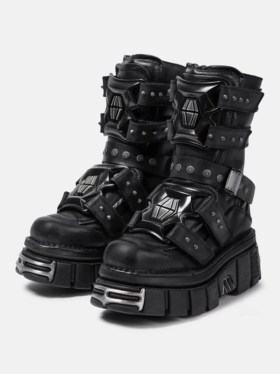 2025 New Star Same Dark Goth Mid-Tube Metal Rivet Lace-up Herren- und Damen-Plateau-Punk-Stiefel Tide