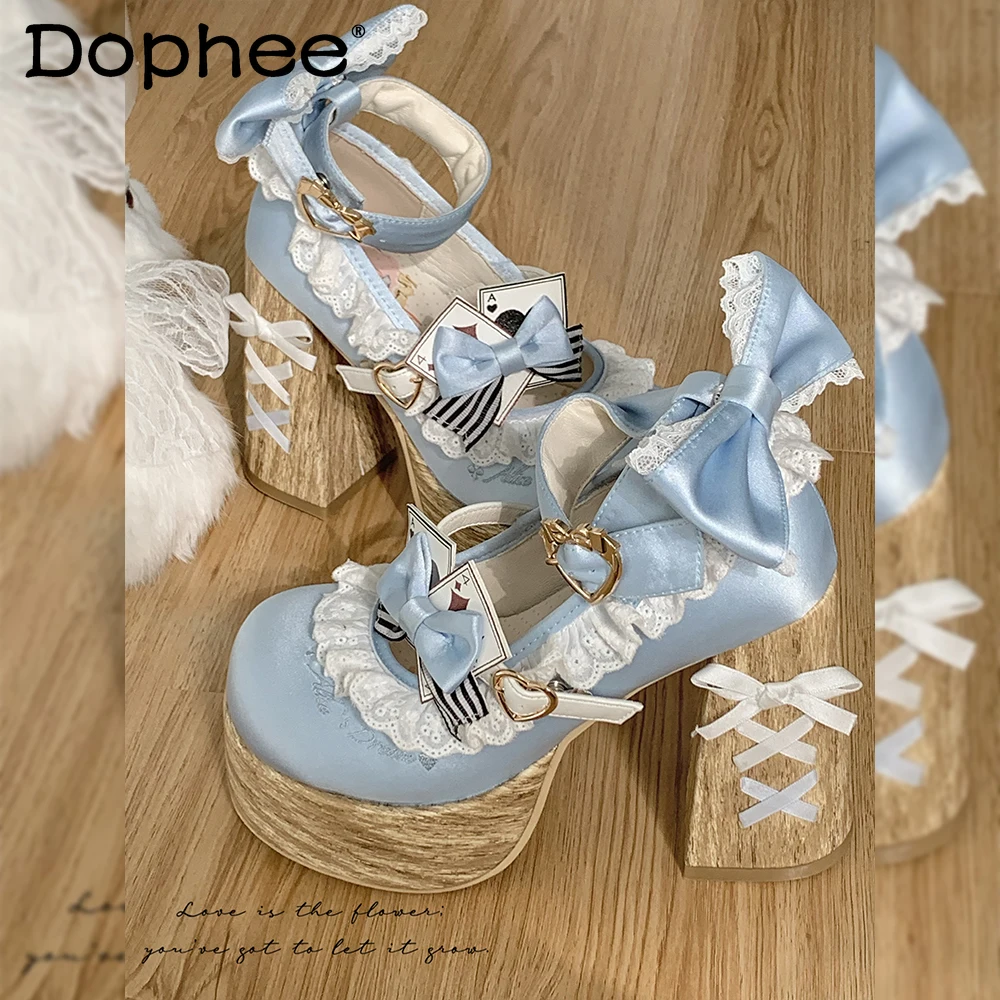 Blau Vintage Lolita High Heels Frühling Neue Frauen Süße Elegante Schleife Mary Jane Schuhe Damen Geburtstag Party Cos Plattform Schuhe