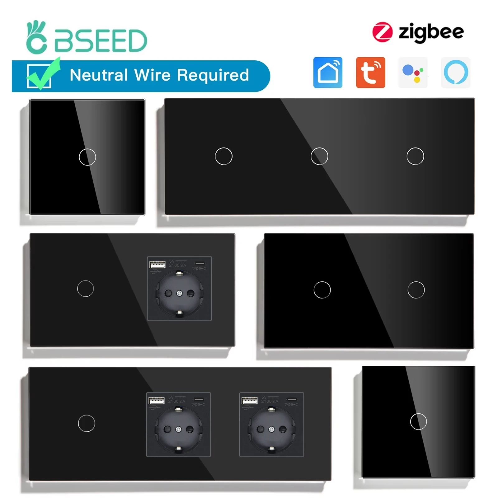 BSEED Zigbee 1/2/3Gang Smart Touch Schalter Tuya Smart Life Alexa App Plus Wand Steckdosen USB Typ-c Ports EU Standard Image