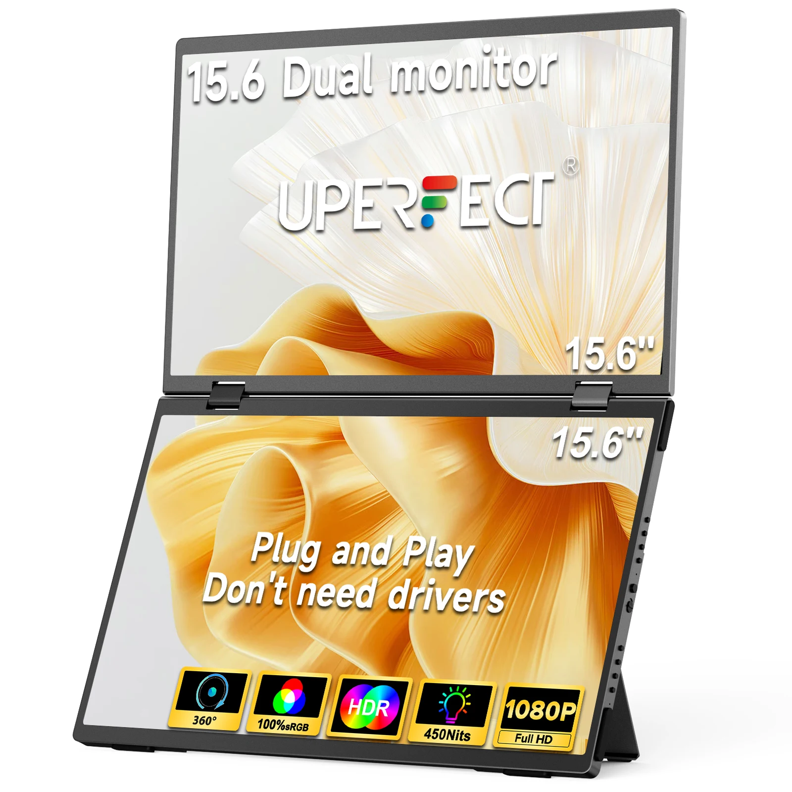 UPERFECT Delta 15,6 Zoll Dual tragbarer Monitor für Laptop-Bildschirm-Extender 1080P HDR 360 ° Zusammenklappbar, gestapelt mit Ständer für Laptop-PC Image