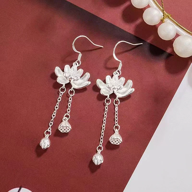 1 Paar Mode chinesischen Stil Lotus lange Quaste baumeln Ohrringe für Frauen Mädchen elegante exquisite Lotus Samen Blume Ohr Haken Geschenke