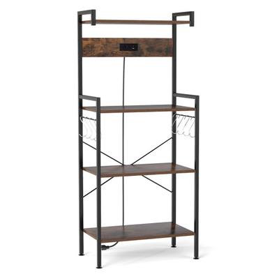 Costway 4-Tier Kitchen Bakers Rack with Power Outlet and 8 Hooks-Rustic Brown