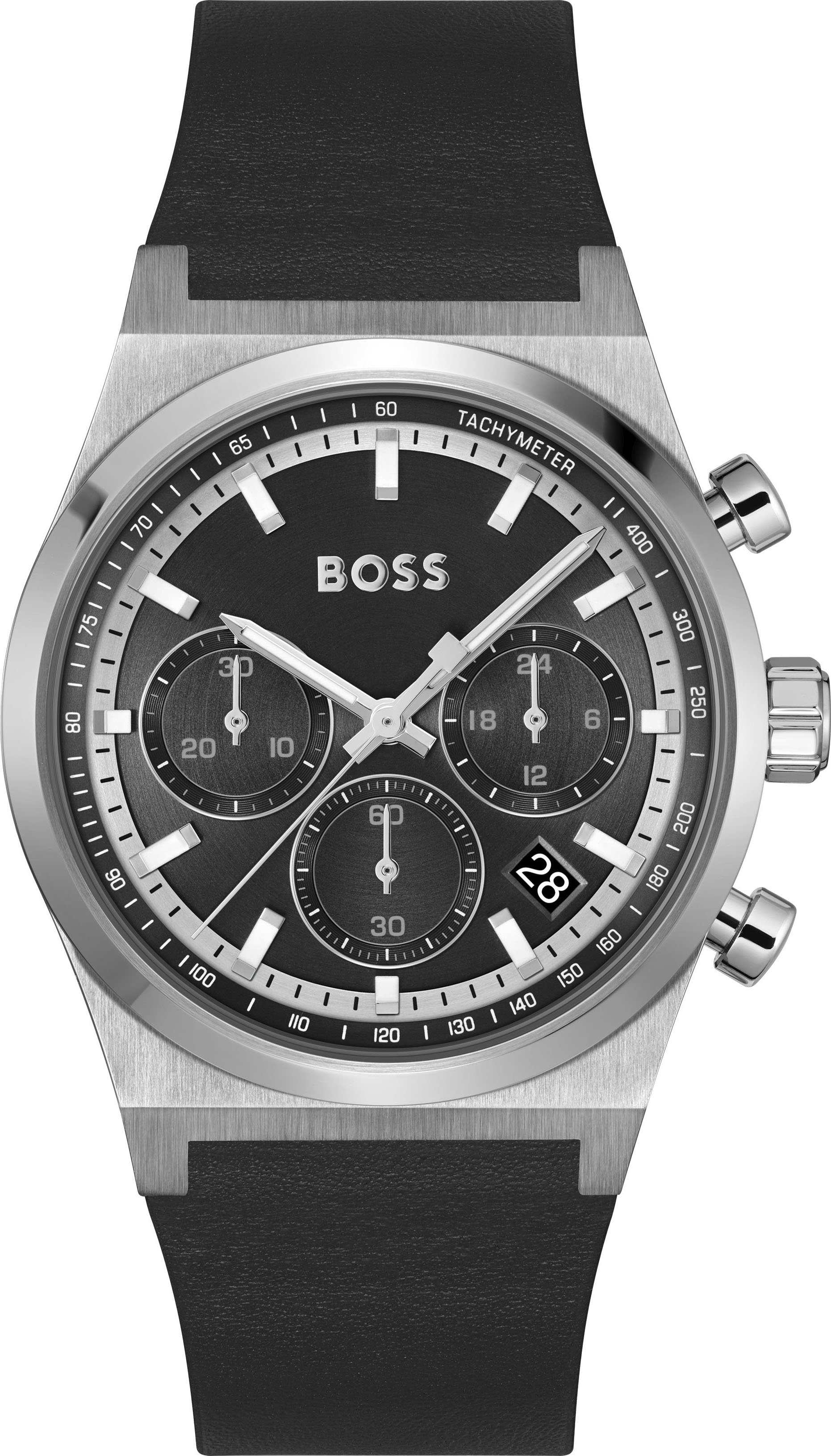 Chronograph BOSS "CANDOR CHRONO", schwarz, Armbanduhren, Damen, Chronograph, Quarzuhr, Armbanduhr, Herrenuhr, Lederarmband, analog, Tag