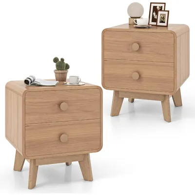 Night Stand with 2 Drawers, Mid Century Modern Bedside Tables with Cute Round Knobs, Wooden End Side