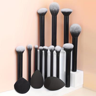 TEMU 15 Makeup Brush Sets - Including Blush Brush, Contour Brush, Foundation Brush, Concealer Brush, Eye Shadow Brush, Etc., 1 Angled Makeup Sponge, 1 Drop-shaped And 1 Powder Puff Beauty Tool Image