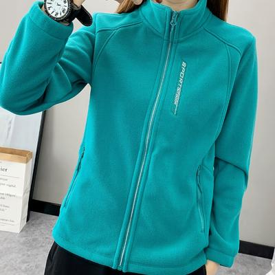 TEMU Women's Cozy Fleece-lined Sports Jacket - Warm, Casual Zip-up With Stand Collar For Fall/winter Image