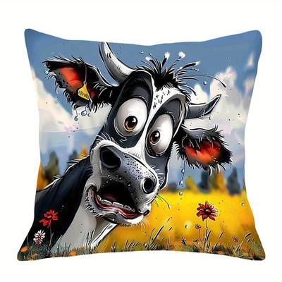 TEMU 1pc, 18x18 Inch Funny Cow Short Plush Pillowcase, Polyester, Vintage Style, Zipper Closure, Hand Wash Only, Home & Sofa Decor, Bedroom Decoration, Knit Fabric Cover (pillow Insert Not Included) Image