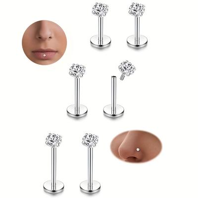 TEMU 6pcs Stainless Steel Cubic Zirconia Lip Labret Nose , Tragus Ear Piercing Jewelry 6mm 8mm 10mm Bar Length 3 Pairs Set Image