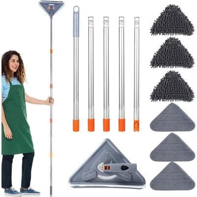 TEMU Triangular Cleaning Mop Sets Adjustable Length 360° Rotating Head For Cleaning Wall Ceiling Floor Window-5x Stainless Steel Rods+1xcleaning Head+3x Chenille Pads+3x Microfiber Pads Image