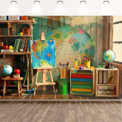 TEMU 1pc Back To School Printed Cloth Backdrop For Photo And Video Studio With Books, Stationery, And Drawing Board Background Cloth Party Banner Image