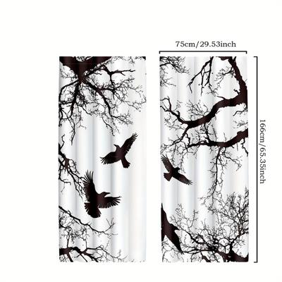 TEMU 2pcs & White Birds And Tree Branch Curtains - Polyester, Autumn Room, Bedroom, Kitchen - Decor, Room Curtains Image