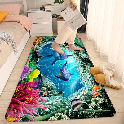 TEMU Vibrant Dolphin And Coral Non-slip Bath Rug, Flannel Mat With 3d Print, Absorbent And Machine Washable For Bathroom, Living Room, And Kitchen Decor, Bathroom Rug Image