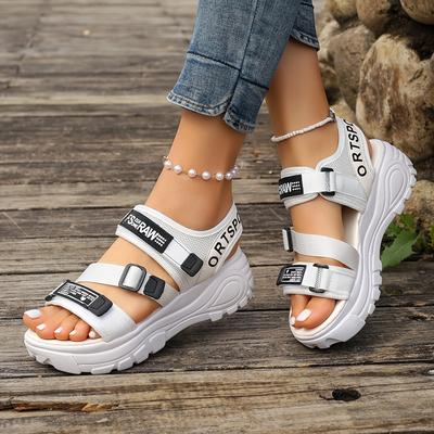 TEMU Women's Fashion Wedge Sandals - Comfortable Thick Sole, Hook-and-loop Closure, Open Toe Design, White With Black Straps And Buckles, Casual Outdoor Wear, High Heel Sandals Image
