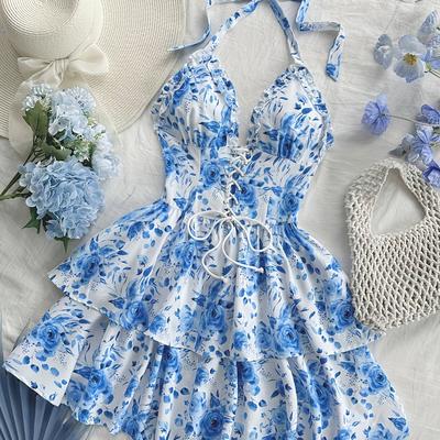 TEMU Elegant Vintage Watercolor Rose Print Halter Dress With Tie-front Detail, Front, And Lace-up Back - Sleeveless A-line Midi For Women, Spring/ Image
