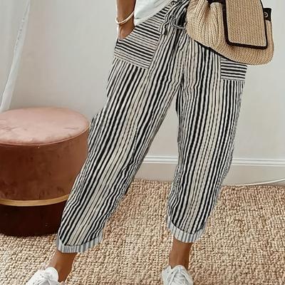 TEMU Men's Casual Striped Drawstring Pants - Black & White, Polyester, Elastic Waist, Multiple Pockets, Spring/summer/fall, Casual Attire|striped Design|elastic Waistband Image