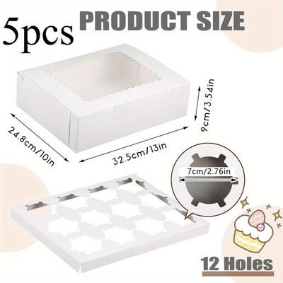 TEMU 5pcs White Paper Cupcake Boxes With Clear Display Window & Inserts – 12-hole Design For Muffins, Desserts, And Cupcakes – Home Baking And Cake Shops, Baking Accessories Image