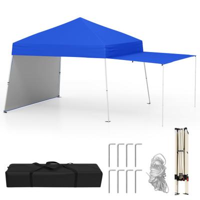 Costway 14 x 9.2 Feet Pop up Canopy Tent with 2 Convertible Sidewalls to Awning and Stakes-Blue