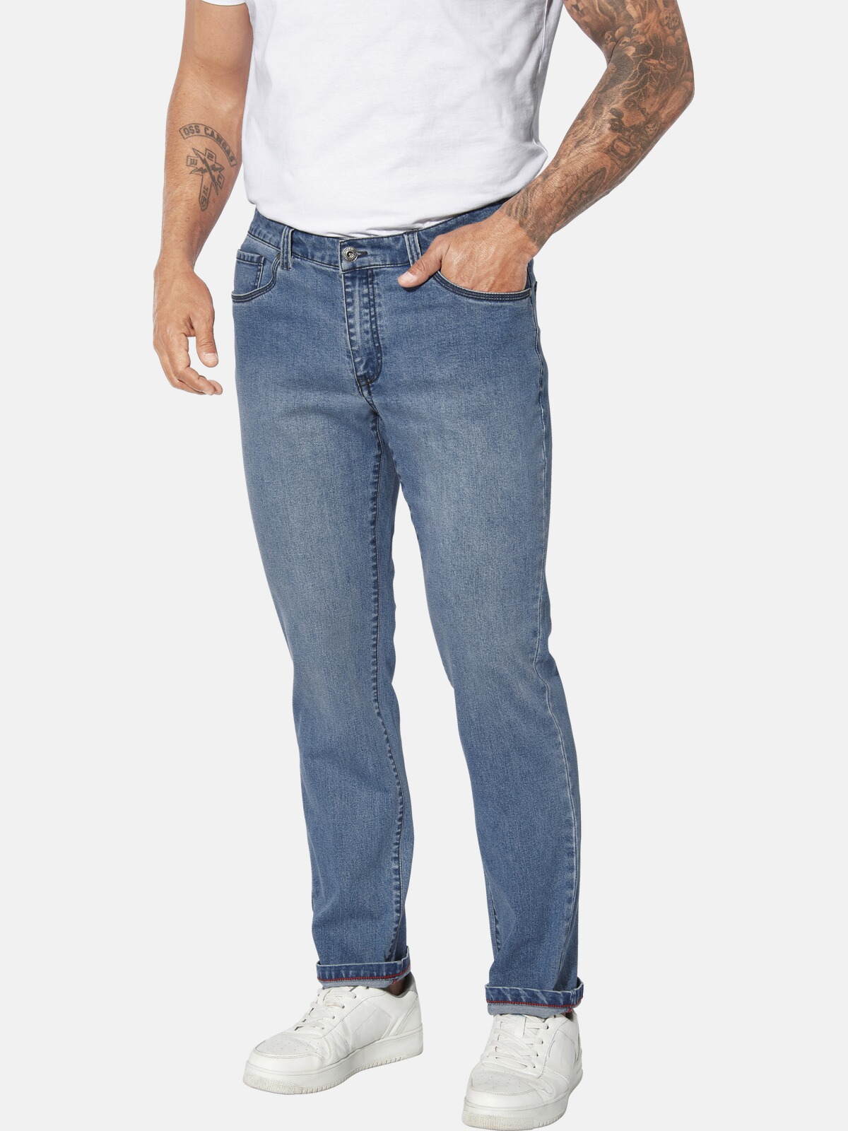 5-Pocket-Jeans JAN VANDERSTORM "Tiefbundjeans RUNGHELM", Herren, Gr. 30, N-Gr, blau (hellblau), Obermaterial: 67% Baumwolle CO. 32% Polyester COOLMAX PES(Coolmax). 1% Elasthan EL., Jeans 5-Pocket-Jeans