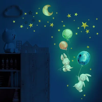 Cartoon-Häschen-Ballon-Wandaufkleber, leuchtet im Dunkeln, Tapete für Schlafzimmer, Wohnzimmer, Zuhause, Osterdekoration Image