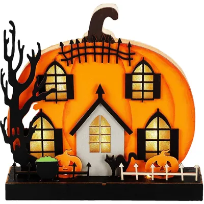 Kürbis haus glühende Desktop-Ornamente DIY Holz Horror Geist Kürbis Haus mit LED-Licht für Halloween Image
