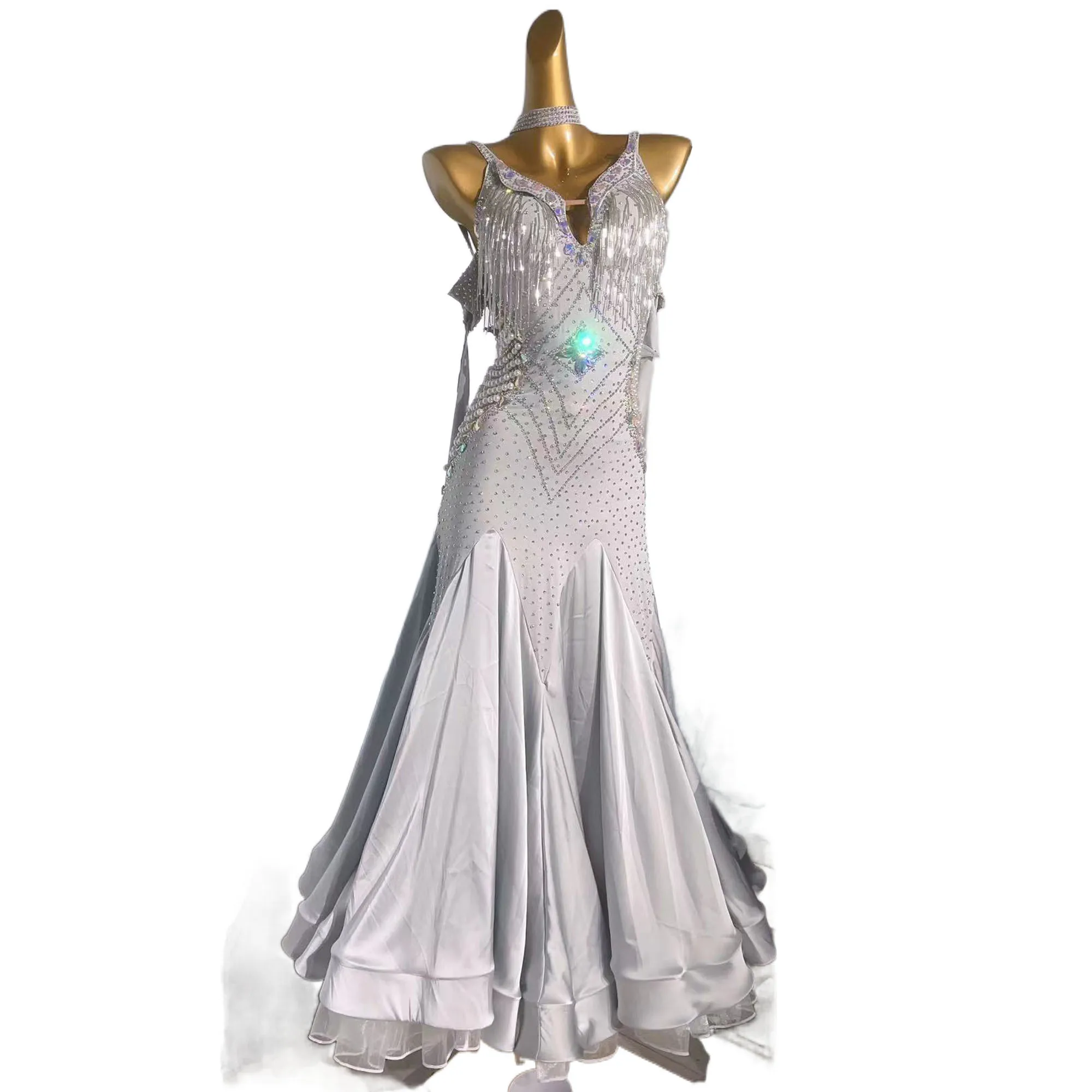 Ballsaal Kleid High-End maßge schneiderte mehr schicht ige große Saum mit Diamant Cha Cha Tango Walzer weibliche Bühne profession elle Kleidung