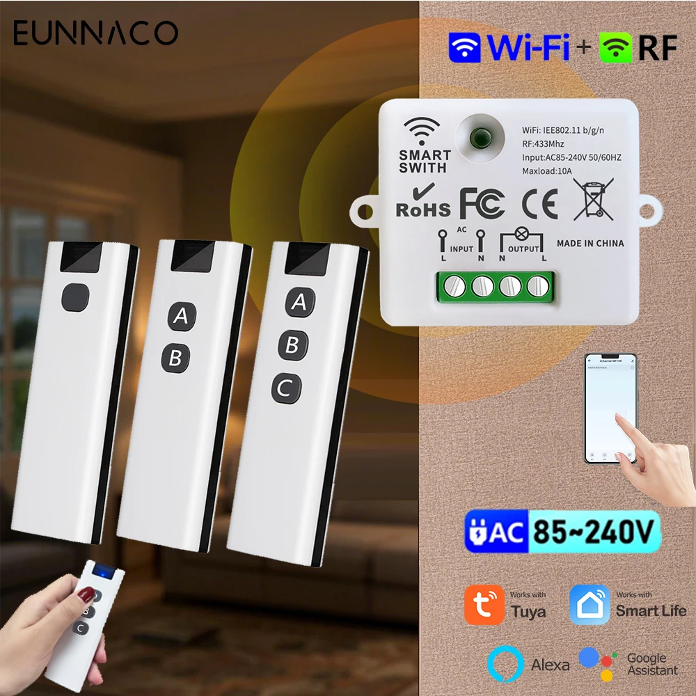 WIFI Smarthome Alexa Drahtlose RF433 Fernbedienung AC110V 220V Mini Licht Schalter Relais Modul Arbeit mit Tuya Google Home app Image