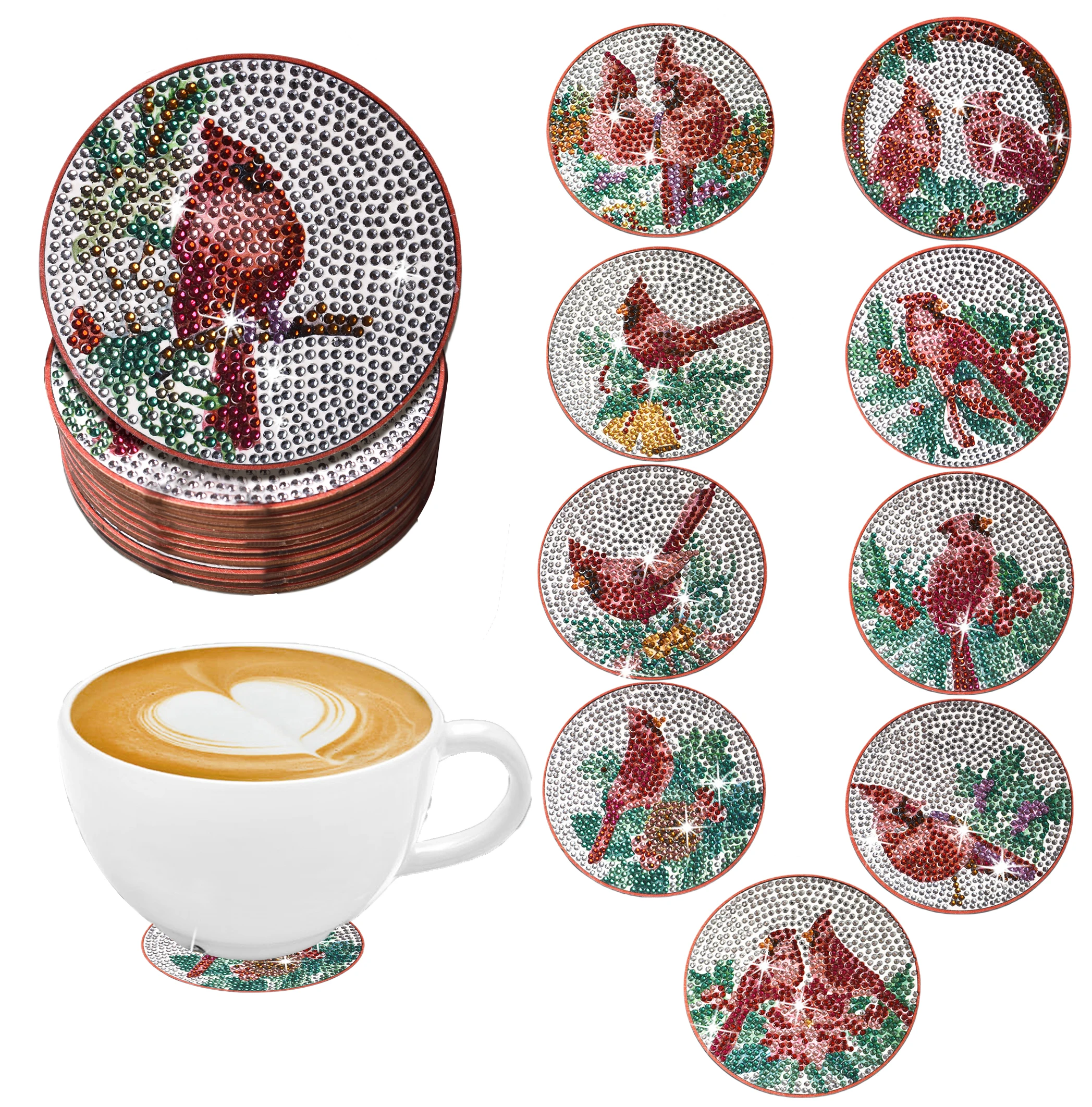 10-teiliger Papageien-Untersetzer zum Selbermachen, Diamant-Kunst-Untersetzer, ohne Getränkehalter, rutschfester Holzuntersetzer für Wohnzimmer, Büro, Bar, Küche Image