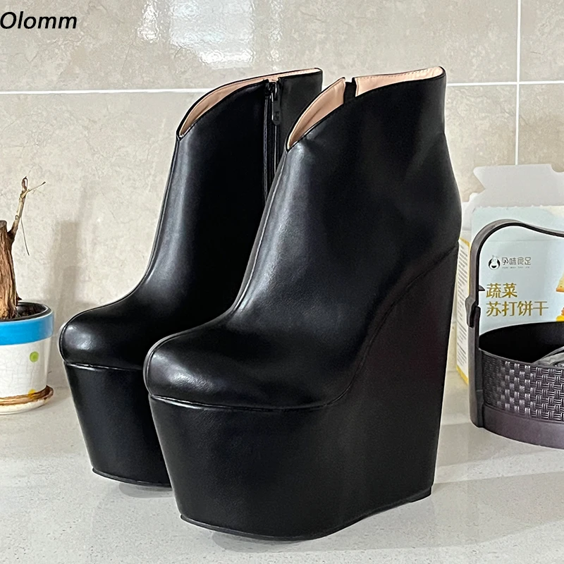 Olomm handgemachte Frauen Plattform Stiefeletten matte Keile High Heels Round Toe Klassiker schwarze Party Schuhe Damen plus uns Größe 5-15