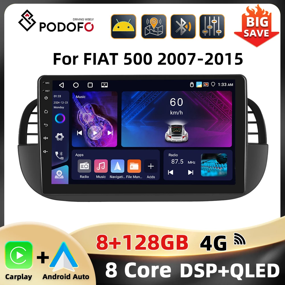 Podofo 8Core 2Din Car Radio For FIAT 500 2007-2015 Multimedia Player 8+128G Carplay Android Auto AI Voice GPS WIFI 4G Car Audio Image