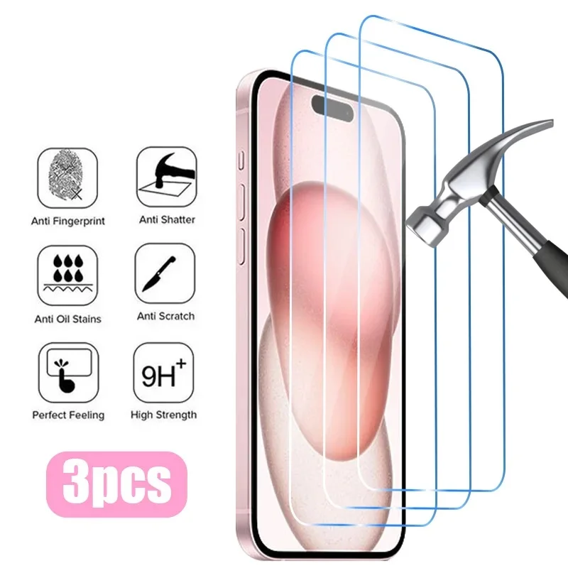 3PCS Schutz Glas für iPhone 16 15 14 13 12 11 Pro Max XR X XS 17 Pro Max Displayschutzfolie für iPhone 14 15 Plus 13 Mini Glas Image