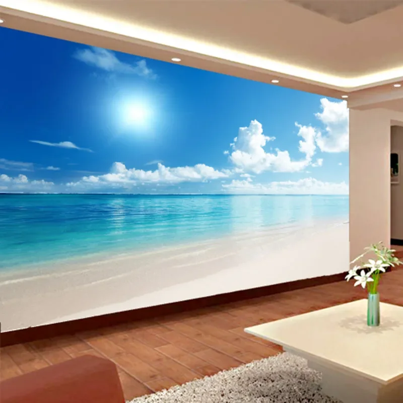 Nach Wandbild Tapete 3D Ozean Ansicht Blau Himmel Und Wolken Strand Wohnzimmer Schlafzimmer Wand Abdeckt Tapete Papel De Parede 3D