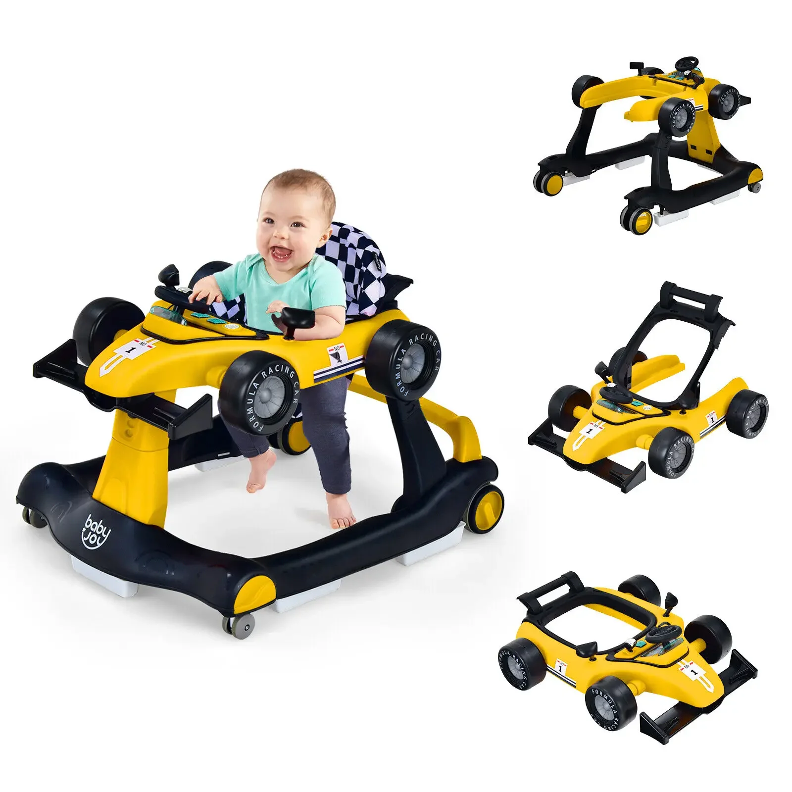 4-in-1 Baby Walker Activity Push Walker Höhenverstellbar 360 ° Schwenkrad, Musik und Licht, faltbarer Auto-Gehhilfe für Jungen und Mädchen
