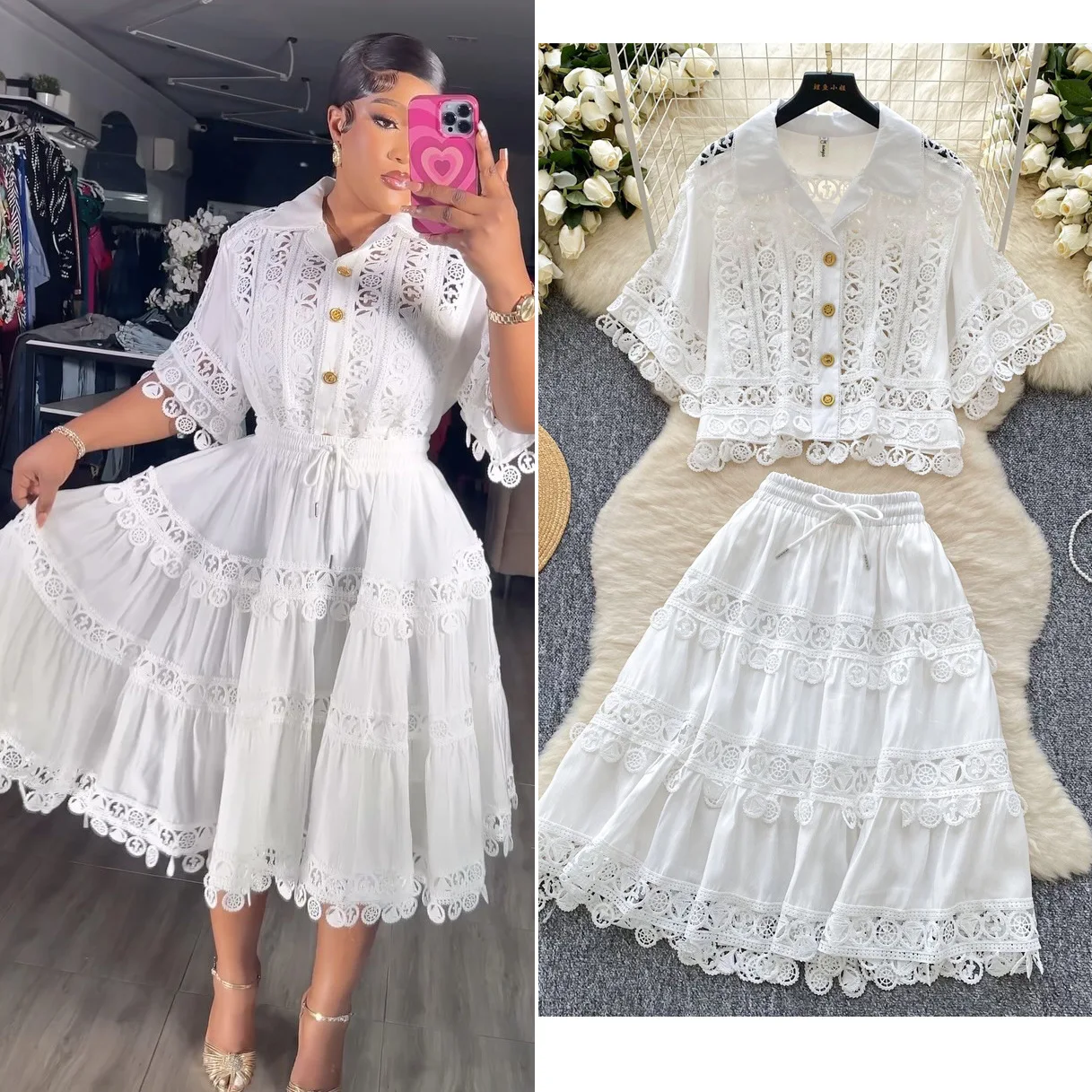Rock Set Frauen Zwei Stück Sets Kleid Sets Aushöhlen Spitze Drehen Unten Colalr Hemd Röcke Elastische Hohe Taille Y2k Streetwear Party Image