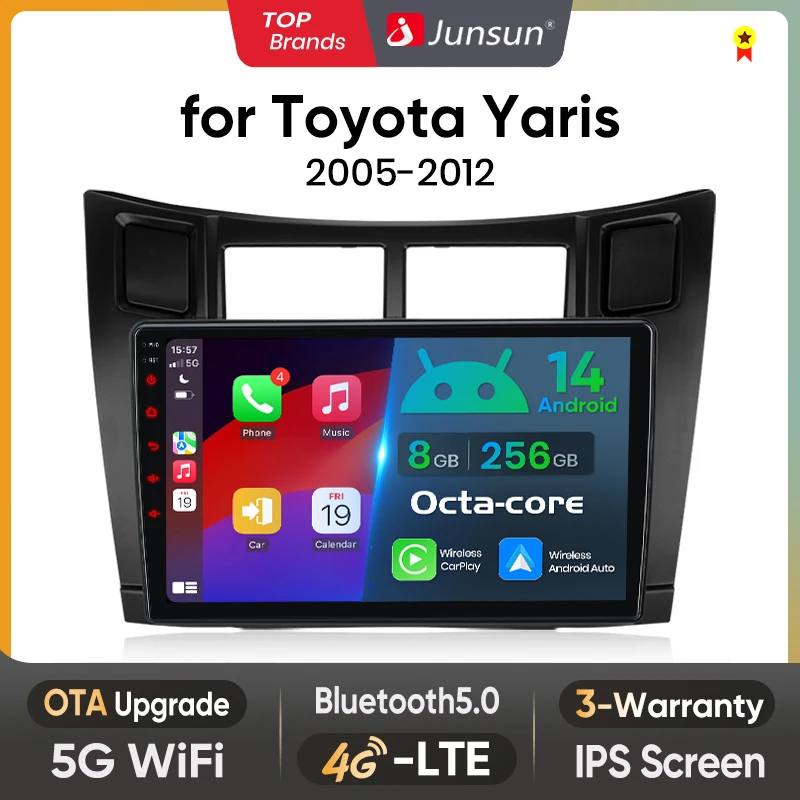 Junsun AI Drahtlose CarPlay für Apple Android 14 Auto Auto Radio für Toyota Yaris 2005 2006 2007 2008-2012 multimedia Navi Stereo Image