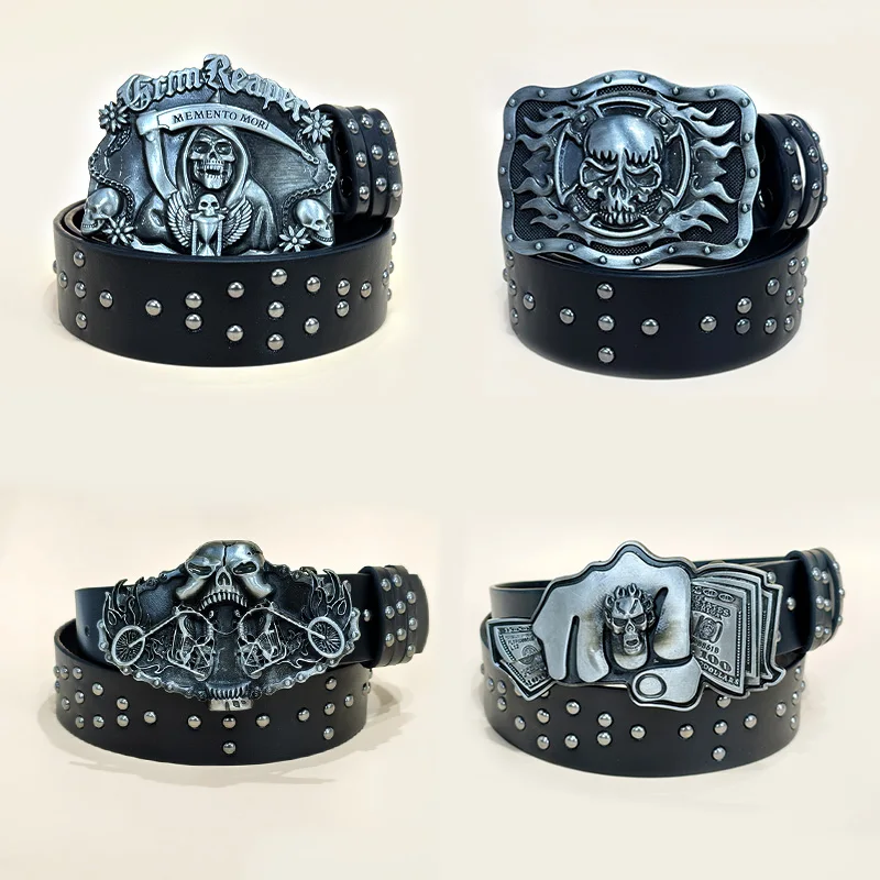 16.8 Grim Reaper Pu Leder Gürtel Für Männer und Frauen Western Cowboy Vintage Plus Größe Kreuz Jeans Gürtel Männliche Gothic Zubehör Y2K Image