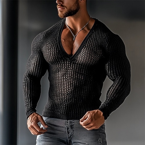 Per uomo Maglietta Camicia a Maniche Lunghe Manica Lunga Scollo a V Estate Semplice Moda Designer Essenziale Rete Vacanza Streetwear Uscire Nero Maglietta Top per Uomo