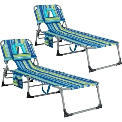 Tanning Chair, Folding Beach Lounger with Face Arm Hole, Adjustable Backrest, Side Pocket & Carry
