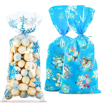 10/20/30/40/50/100pcs Christmas Cellophane Bags Snowflake Treat Bag Winter Goodie Bag Blue Plastic