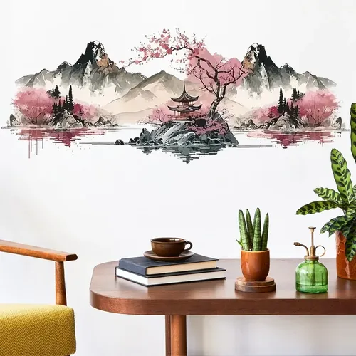 Autocollants muraux de paysage chinois, autocollants muraux à motif de peinture de paysage à l'encre