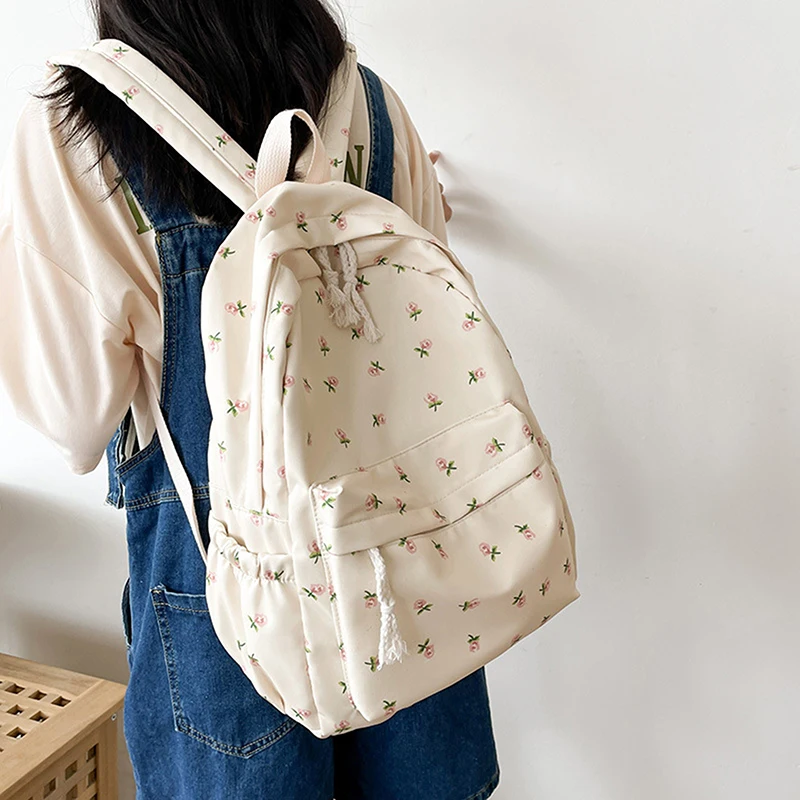 Sac à dos d'école floral blanc pour adolescentes, sac à dos en nylon pour livre, sac à dos étudiant mignon pour femme