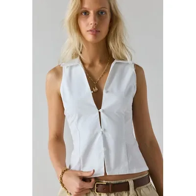 UO Party Girl Cotton-Blend Button Down Sleeveless Shirt - White L at Urban Outfitters