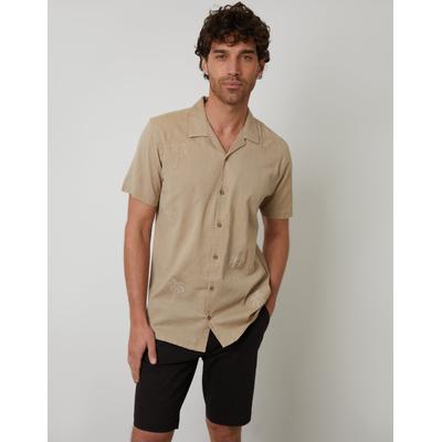 Stone Linen Blend Palm Embroidered Short Sleeve Shirt