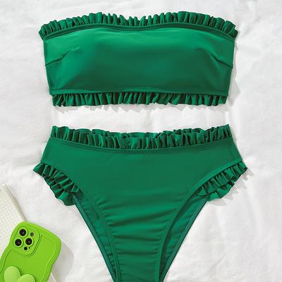 TEMU Women's Fashion Sexy Solid Color Printless Bandeau Bikini Swimsuit Image